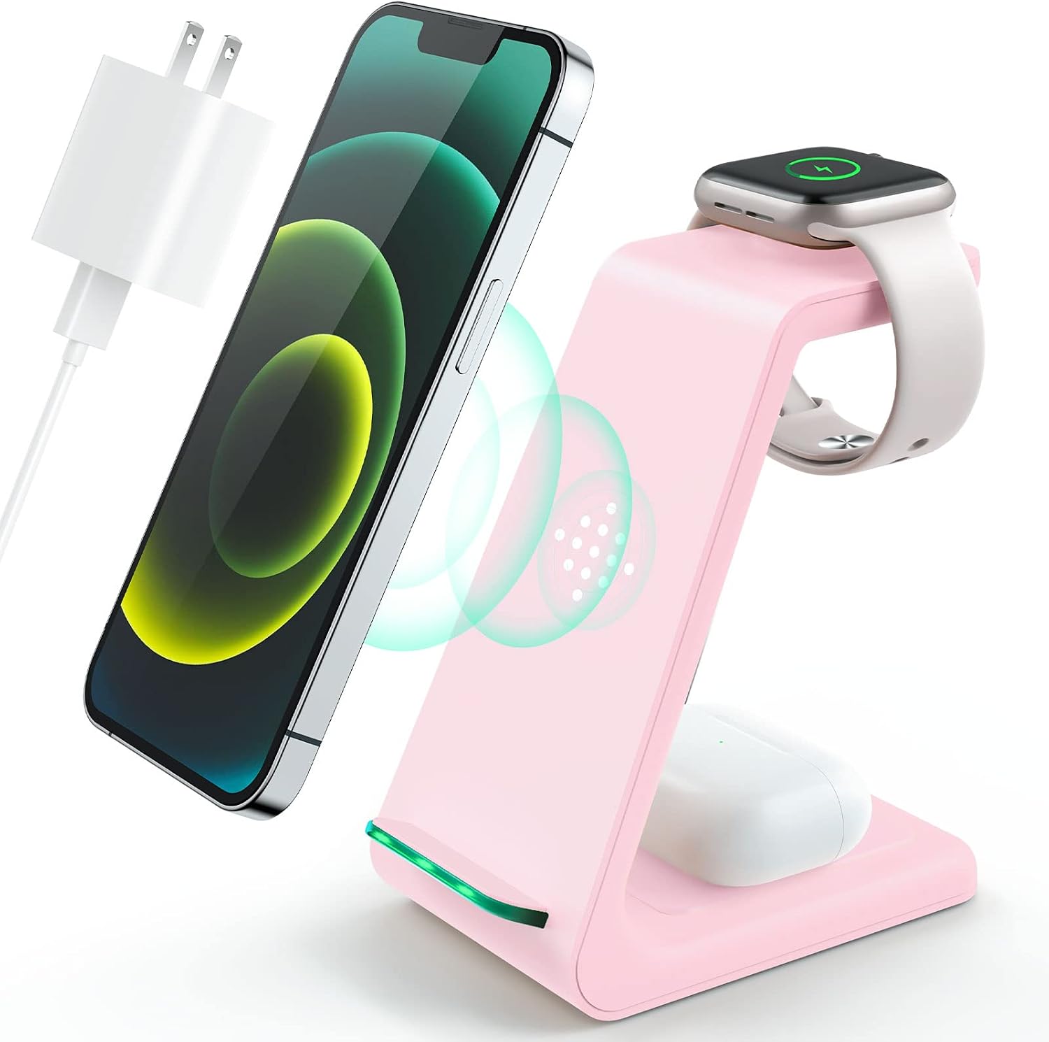 3 in 1 Wireless Charging Station, 2025 Upgraded Fast Desk Charger Station for iPhone 17 16 15 14 13 12 Pro Max Plus, Charger Stand for Apple Watch 10 9 8 7 6 5 4 3 2 SE, Airpods 4 3 2 Pro(Pink)