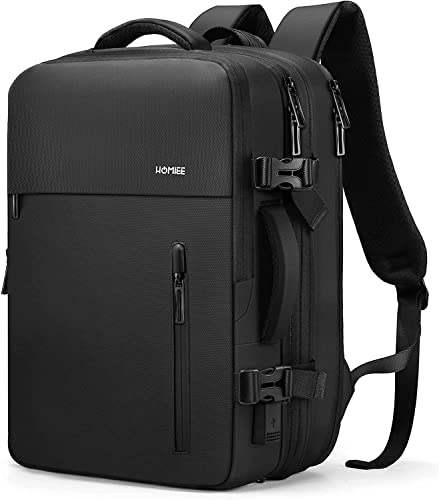 HOMIEE Travel Laptop Backpack TSA Friendly Flight Approved Carry-on Bags with USB Charging Port, Expandable Luggage Daypack Extra Large Suitcase Durable Weekender Bag, Black