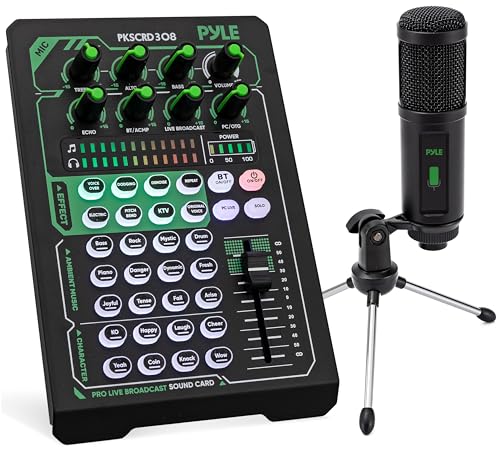 Pyle Portable Bluetooth Live Broadcast Sound Card Pro Audio Interface DJ mixer Condenser w/Microphone Set, for Streaming Podcasts Studio, Recording PC, Gaming, Phone, w/FX, Ambient Sounds