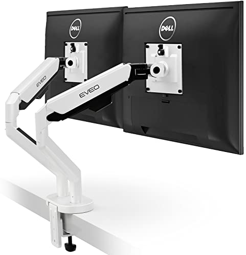 EVEO Premium Dual Monitor Mount 14"-35 Dual Monitor Arm VESA Bracket Adjustable Height Gas Spring Dual Monitor Stand, Screen Full Motion Dual Monitor Arm-Computer Monitor Stand for 2 Screens - White