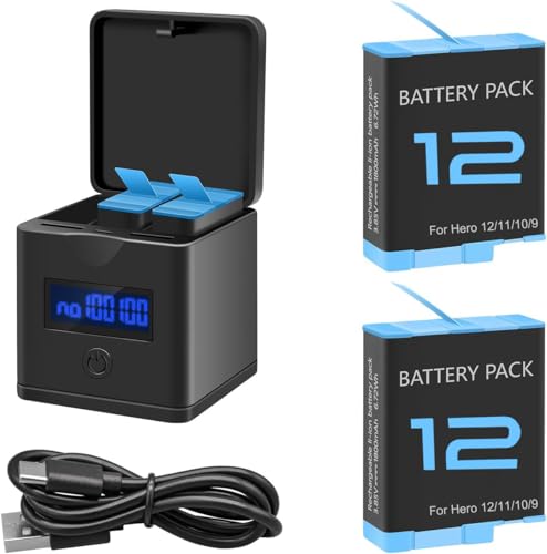 Suptig 2 Pack Batteries and Charger for GoPro Hero 12/11/10/9 Black, 3-Channel Battery Charger Station, LCD Real-time View of Battery Power Level(Black)