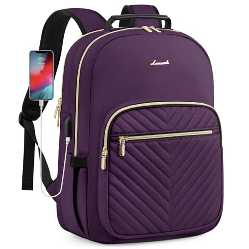 LOVEVOOK Laptop Backpack Purse for Women, Work Travel Computer Bags, College School Backpack for Student Girl, Quilted Casual Daypack with USB Port, Fit 15.6 Inch Laptop, Deep Plum