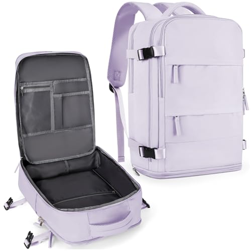 coowoz Large Travel Backpack For Women Men,Carry On Flight Approved,Hiking Waterproof Outdoor Sports Rucksack Casual Daypack Fit 15.6 Inch Laptop Shoes Compartment (Purple)