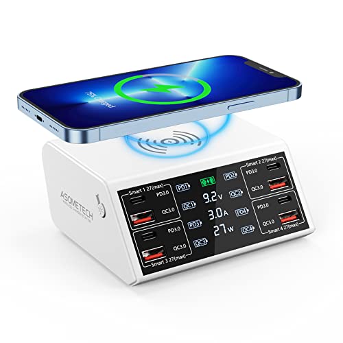 USB Charging Station,100W 8-Port Charging Station for Multiple Devices with 4 QC3.0+4 USB-C PD Ports,Wireless Charger,Multi Fast Charging Hub Charger Station for iPhone,Samsung, iPad