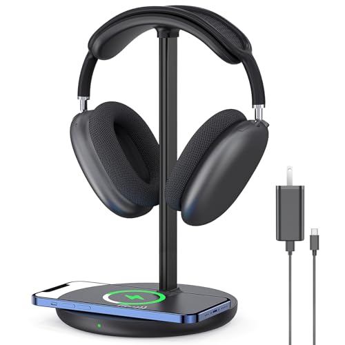 Headphone Stand with Wireless Charger, Gaming Headset Holder Hanger Rack 2 IN 1 Wireless Charging Station Dock for iPhone 15/14/13/12/11 Series, Samsung, AirPods Pro/3/2 and Desk All Headphones, Black