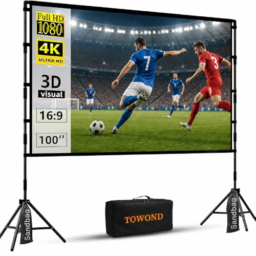 TOWOND Projector Screen with Stand, 100 inch Outdoor Projector Screen Portable Indoor Projection Screen 16:9 4K Rear Front Movie Screen with Carry Bag for Home Backyard Theater