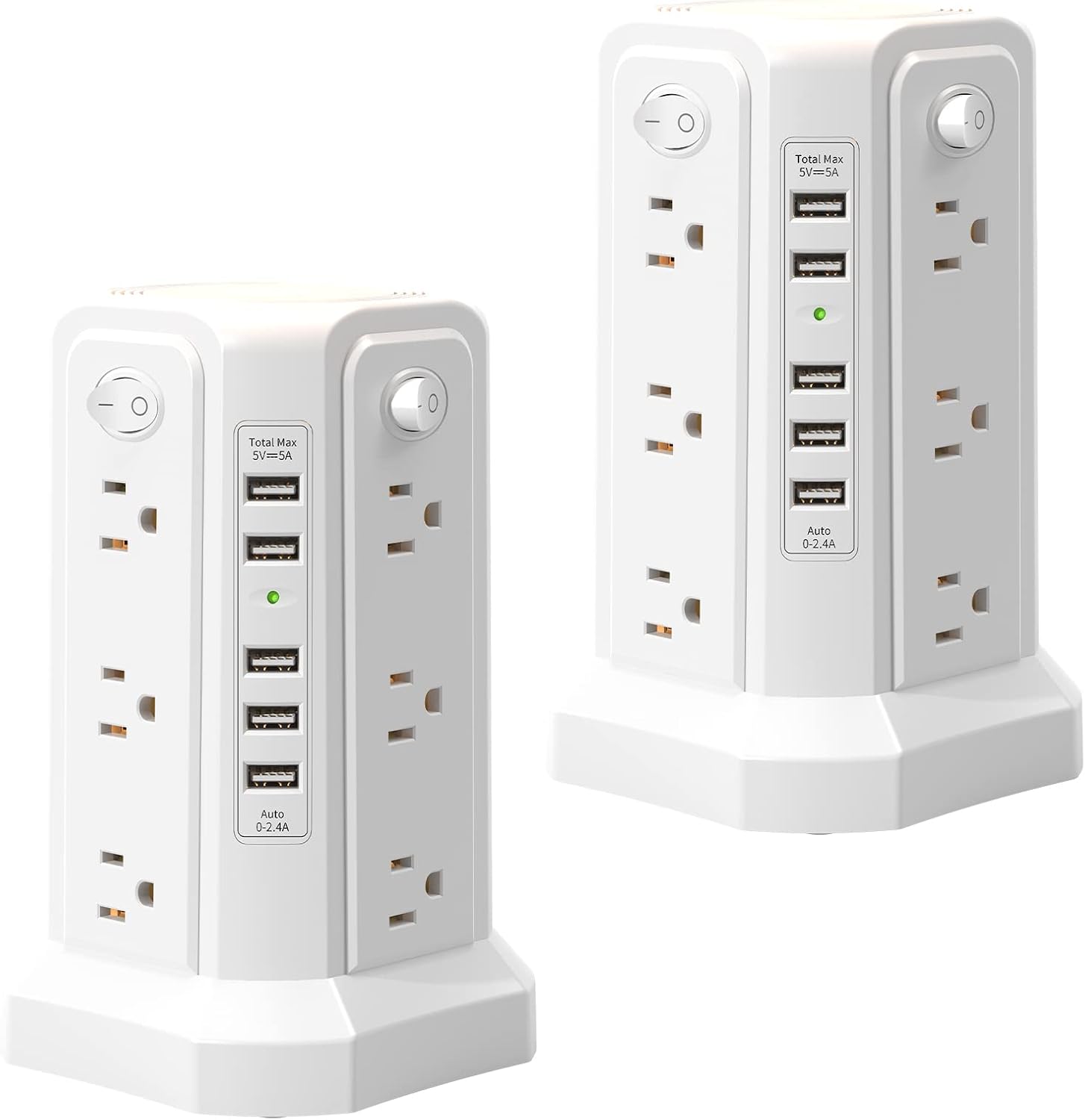 Surge Protector Power Strip Tower with 5 USB Ports and Night Light, 10FT Extension Cord with 12 AC Multiple Outlets, PASSUS Power Tower, Overload Protection for Home Office Dorm Room (2PC-White)