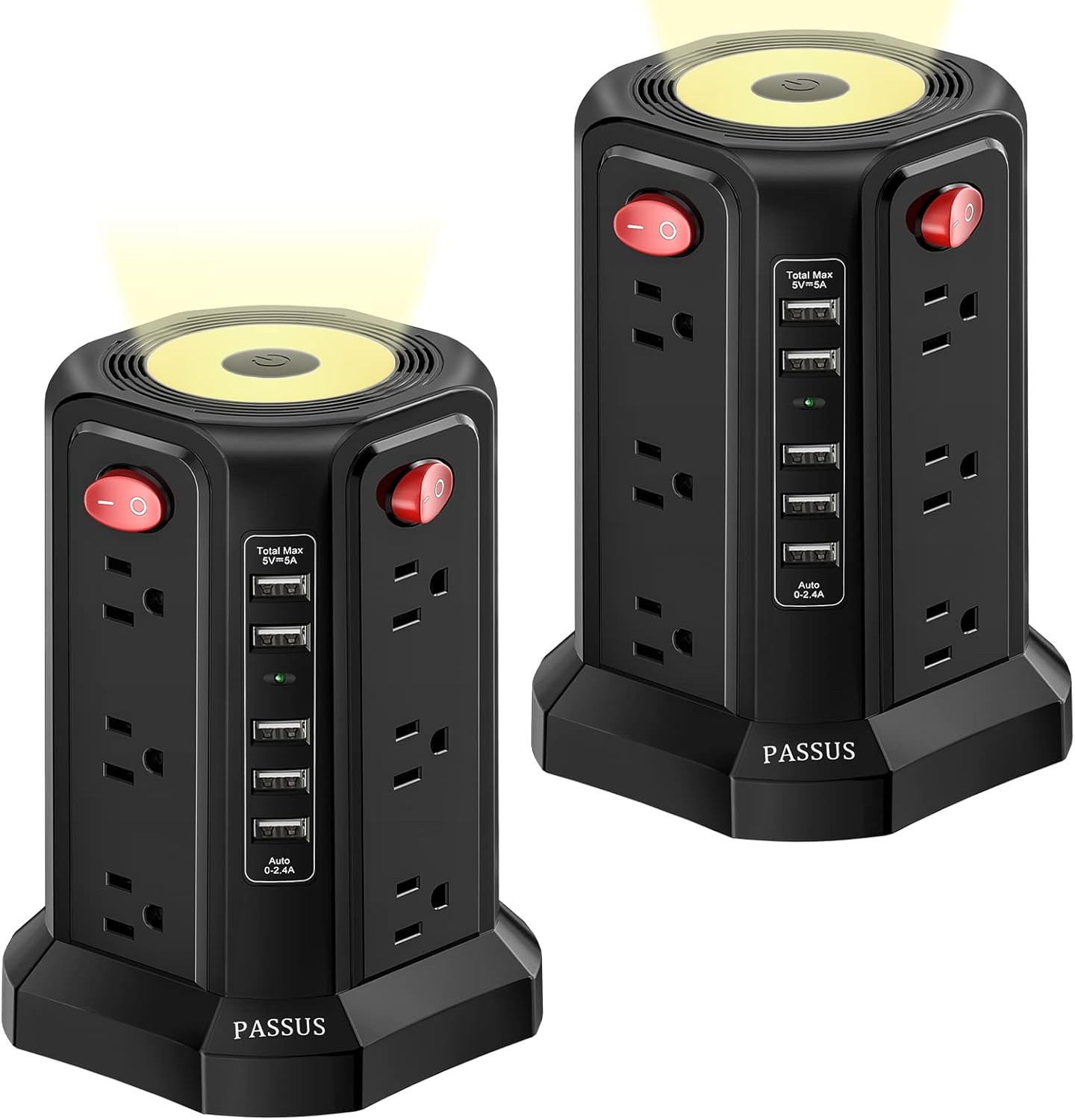 Surge Protector Power Strip Tower with 5 USB Ports and Night Light, 10FT Extension Cord with 12 AC Multiple Outlets, PASSUS Power Tower, Overload Protection for Home Office Dorm Room (2PC-Black)