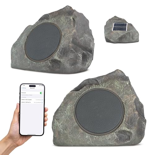 Homewell Outdoor Rock Speaker Solar-Powered Wireless Bluetooth 5.0 Portable Speaker Weatherproof for Patio, Pool, Deck, Yard, Garden and Home (Dark Grey, 2-Pack)