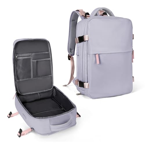 coowoz Large Travel Backpack For Women Men,Carry On Backpack Flight Approved,Hiking Backpack Waterproof Outdoor Sports Rucksack Casual Daypack Fit 15.6 Inch Laptop Shoes Compartment (Light Purple)