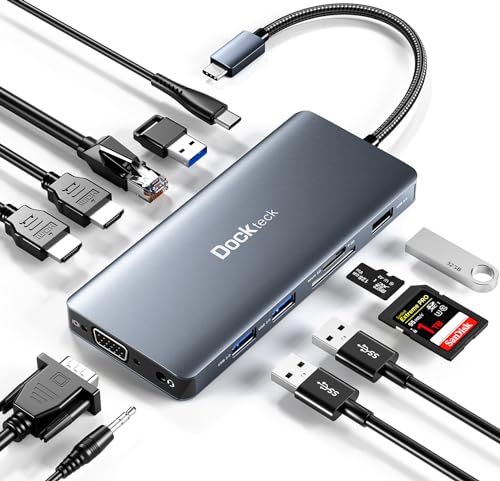 USB C Docking Station, dockteck 12 in 1 USB C Hub Adapter with 2 HDMI 4K, VGA, Ethernet, 4 USB-A Ports, Audio, 100W PD, SD/TF Card Reader for MacBook Pro Air, XPS, Surface