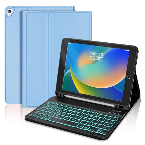BORIYUAN iPad 9th 2021/8th/7th Generation Keyboard Case, Detachable Bluetooth Keyboard with 7 Colors Backlit, Slim Folio Cover with Pencil Holder for iPad 10.2"/iPad Air 3rd Gen/iPad Pro 10.5" Blue