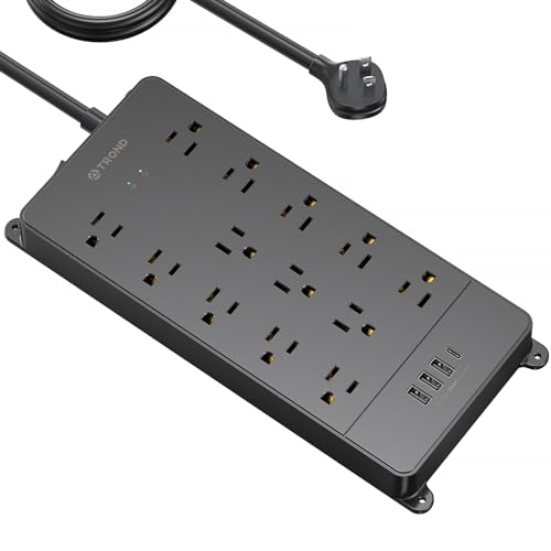 TROND Surge Protector Power Strip 15 ft Cord - Long Extension Cord, 13 Widely-Spaced Outlets Expansion with USB C Ports, 4000 Joules, Flat Plug, Wall Mount, ETL Listed, Office Desk Accessory, Black