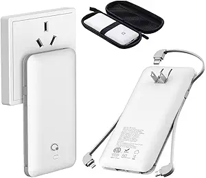 10000mAh Portable Charger, Q Slim USB C Power Bank, 4 Output 2 Input External Battery Pack with Built-in Cabels AC Wall Plug, Compatible with iPhone Samsung etc