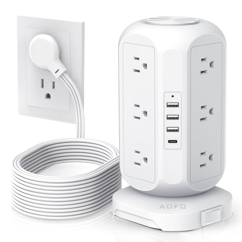 15 ft Long Extension Cord Power Strip Tower,AOFO Surge Protector 12 AC Outlets 4 USB(1 USB C) Ports, Charging Tower Overload Protection with Multiple Outlets for Home Dorm Office