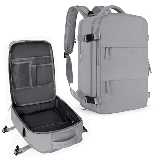Coowoz Large Travel Backpack For Women Men, Flight Approved, Waterproof Outdoor Sports Rucksack, Casual Daypack, Fit 15.6 Inch Laptop Shoes, Grey