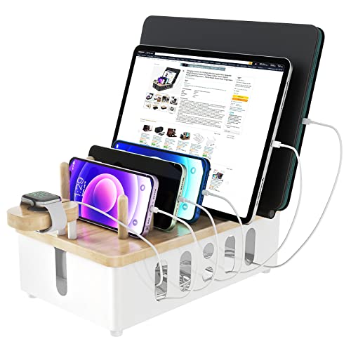 Charging Station for Multiple Devices Apple,New Upgrade Wood Charging Station for Phone Tablet Smart Watch Holder Desk Organizers,Dock Device Organizer White