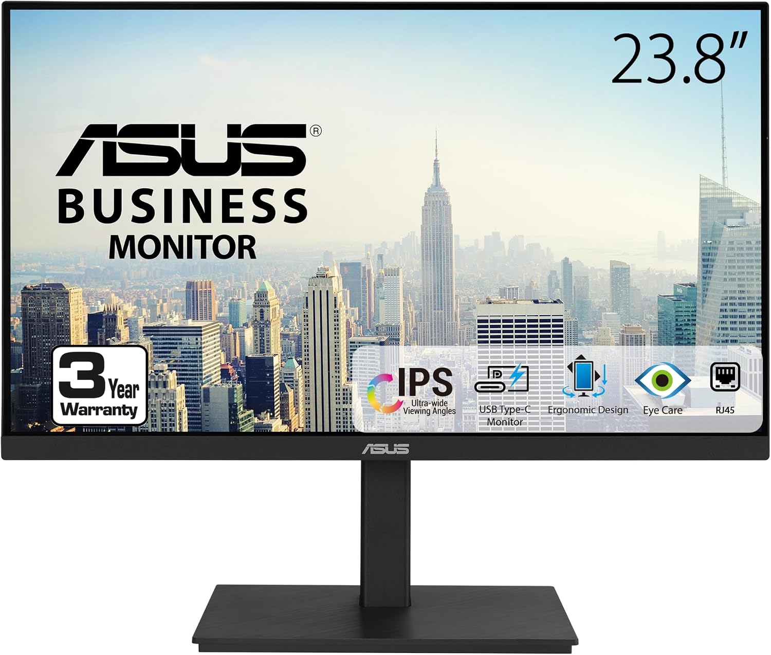 ASUS 23.8 1080P Docking Monitor (VA24ECPSN) - Full HD, IPS, 75Hz, Adaptive-Sync, Speakers, Eye Care, Low Blue Light, Flicker Free, USB-C, RJ45, HDMI, Frameless, Height Adjustment, VESA Wall Mountable