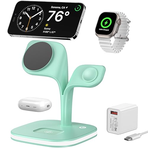 EXW Charging Station, Magnetic Wireless Charger, 5 in 1 Fast Mag-Safe Wireless Charger Stand for iPhone 16,15 14,13,12 Pro/Max/Mini/Plus, Apple Watch 9/8/7/6/SE/5/4/3/2 and Airpods 3/2/Pro/Pro(Green)