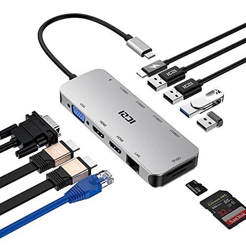 ICZI Docking Station, USB C Hub Multiport Adapter 11 in 1 with 2 HDMI Triple Display, VGA, 100W PD, 4 USB Ports, Ethernet, SD/TF for MacBook Air/Pro, Laptop, PC, Desktop, Surface.