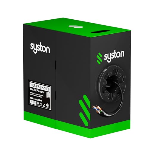 Syston Cable Technology Cat 5e Ethernet Network Cable -1000 ft,350MHz 24AWG Solid Bare Copper Wire Outdoor/Indoor, Bulk No Ends 10 Ft to 1000 Ft Available, Heat Resistant Plenum Rated - CMP