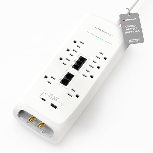 Monster Power Surge Protector w/ 4,050 Jules Rating  Heavy Duty Power Strips with Surge Protection, 8 Outlets, USB-A & USB-C, 2 Coax, 5 Ethernet Ports, Fireproof MOV, Dual Mode (6FT Cord, White)