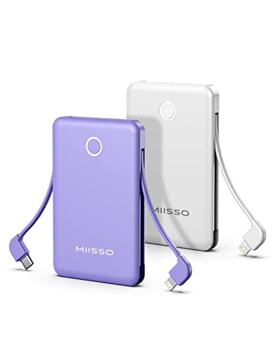 2-Pack 6000mah Ultra Slim Built in Cables Power Bank, Card Size Built in USB C Cords Battery Pack Portable Charger for Phones, 3 Output External Battery Pack Compatible with iPhone, White & Purple