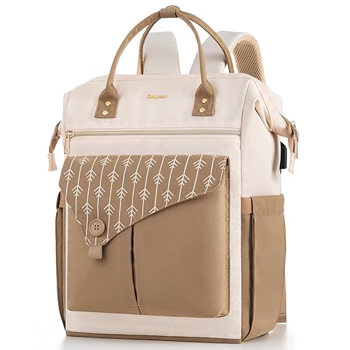 MOMUVO Laptop Backpack for Women with USB Port, Student Bookbag Water Resistant Backpacks Teacher Doctor Nurse Work Stylish Travel Bags, Fits 17-Inch Laptop Khaki Beige