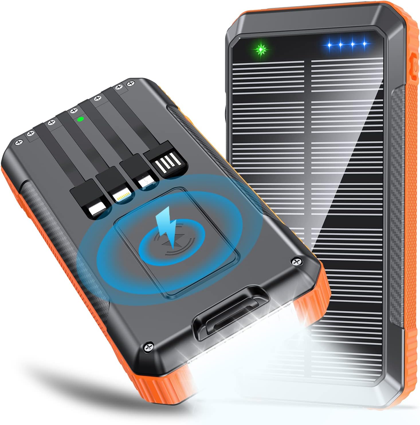 Solar Power Bank Wireless Charger 33800mAh Built in 4 Cables and LED Camping Lights 22.5W Fast Charging Power Bank 7 Outputs 4 Inputs Portable Charger Compatible with All Mobile Devices (Orange)
