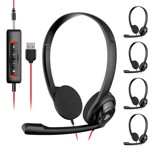 NUBWO USB Headset with Microphone for Laptop PC, Headphones with Noise Cancelling Microphone for Computer, On-Ear Wired Office Call Center Headset for Boom Skype Webinars, 5 Packs