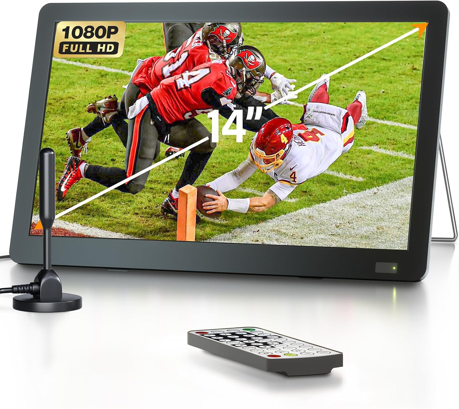 Desobry 14 inch Portable Small TV with Antenna,Rechargeable Mini TV with ATSC Tuner, 1080P LCD Monitor Built-in Stand,HDMI Input,USB,AV in,Supports Camping,Kitchen,Car