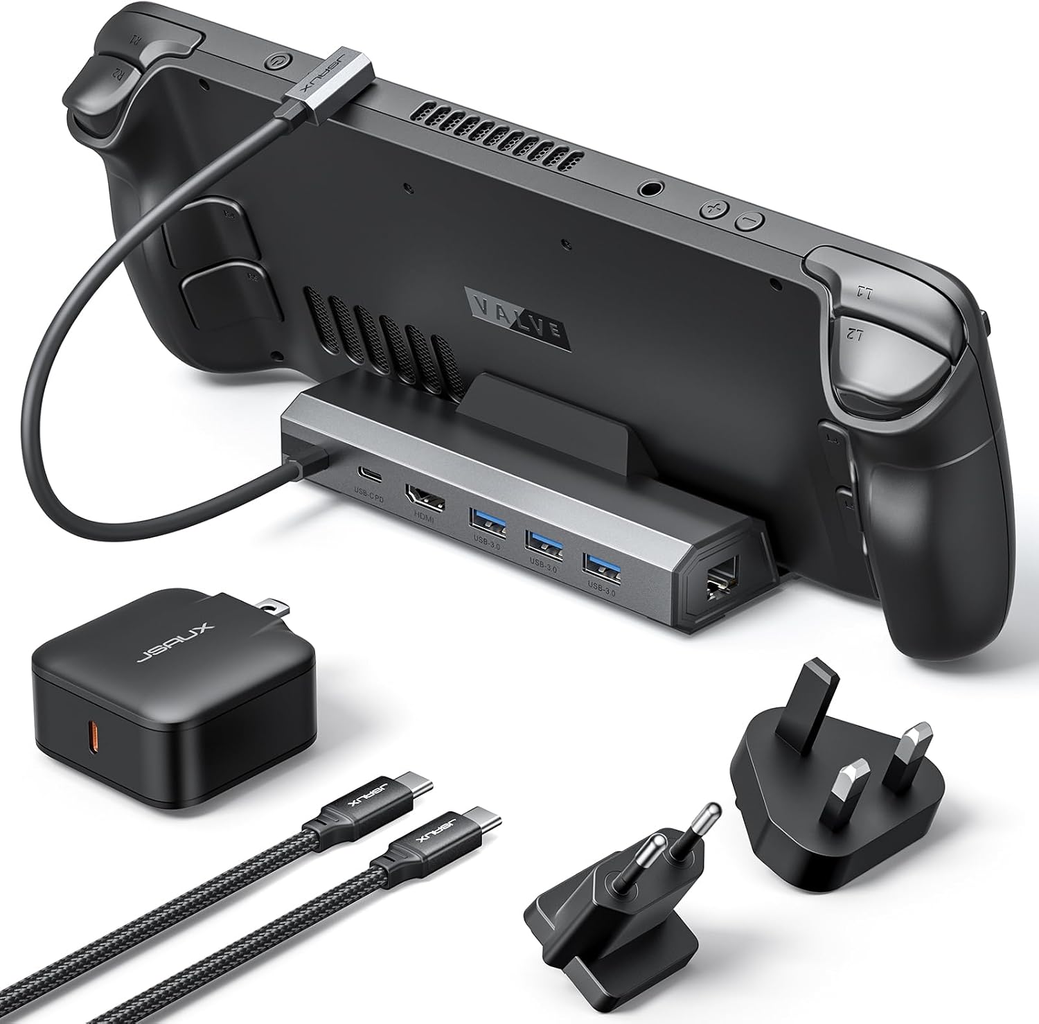 JSAUX Docking Station and 65W Charger Compatible with Steam Deck OLED/ROG Ally X/Legion Go (S), 6-in-1 Dock with HDMI 4K@120Hz, Gigabit Ethernet, 3 USB 3.0 and 100W Charge-HB0603