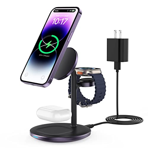 3 in 1 Wireless Charging Station for Multiple Devices, 15W Fast Wireless Mag-Safe Charger Stand for iPhone 15 14 13 12 Pro Max/Plus/Pro/Mini, Mag Safe Charger for iWatch Ultra/8/7/SE/6/5/4/3, AirPods