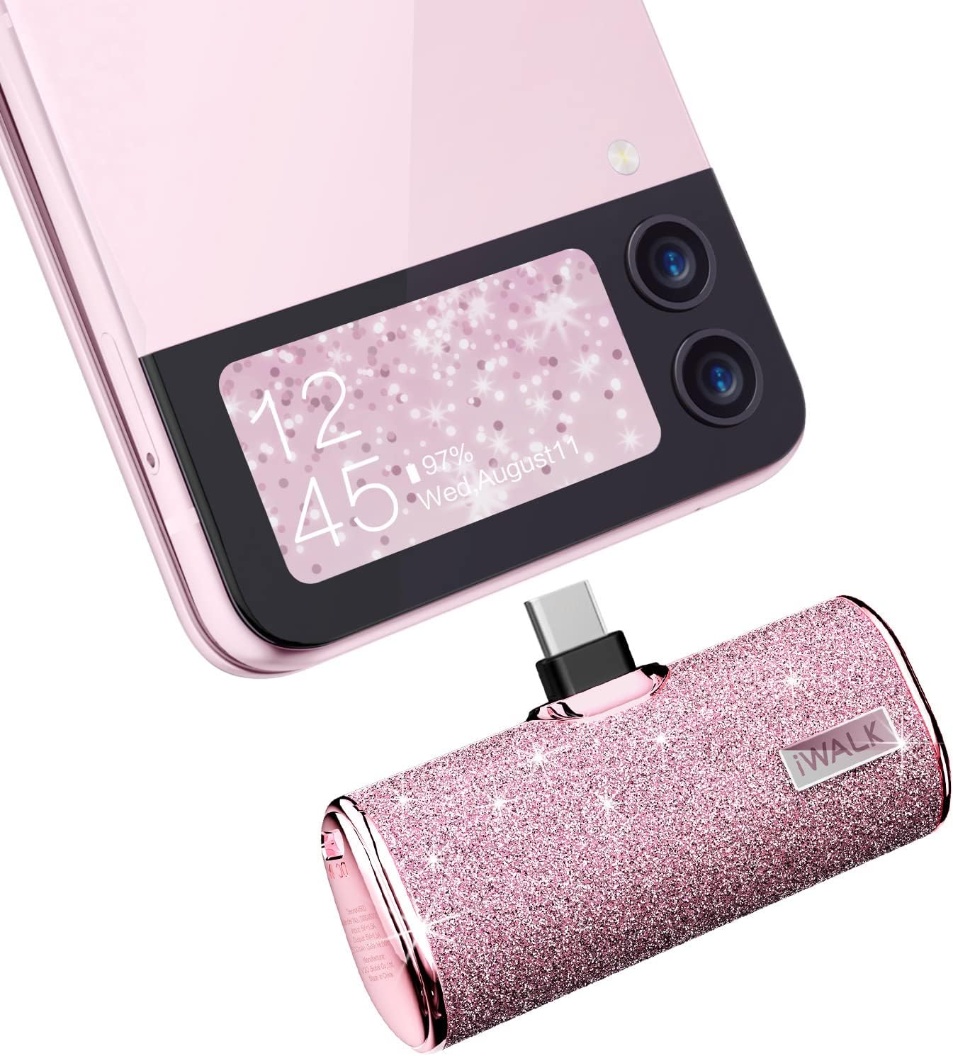 iWALK USB C Portable Charger, 4500mAh Ultra-Compact Small Power Bank, Sparkly Battery Pack Compatible with iPhone 16/15, 16 Plus, 16 Pro, 16 Pro Max, Samsung Galaxy S25, S24, S23 Ultra Z Flip5, Pink