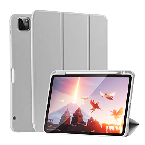 SIWENGDE Cases for iPad Pro 12.9 Case 6th/5th/4th Generation (2022/2021/2020) with Pencil Holder [Apple Pencil Wireless Charging] Soft TPU Smart Tri-fold Stand Protective Cover(Light Grey)