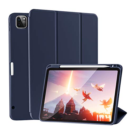 SIWENGDE Cases for iPad Pro 12.9 Case 6th/5th/4th Generation (2022/2021/2020) with Pencil Holder [Apple Pencil Wireless Charging] Soft TPU Smart Tri-fold Stand Protective Cover(Dark Blue)