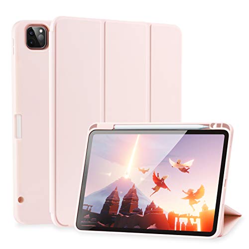 SIWENGDE Cases for iPad Pro 12.9 Case 6th/5th/4th Generation (2022/2021/2020) with Pencil Holder [Apple Pencil Wireless Charging] Soft TPU Smart Tri-fold Stand Protective Cover(Pink)