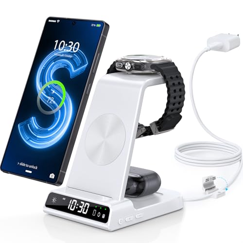 Wireless Charger for Samsung Charging Station with Clock for Samsung Galaxy S24 Ultra/S23 Ultra/Z Flip 6/5/Fold 5/Bud 2, 3 in 1 Charging Station Watch Charger for Samsung Galaxy Watch 7/6/5Pro(White)