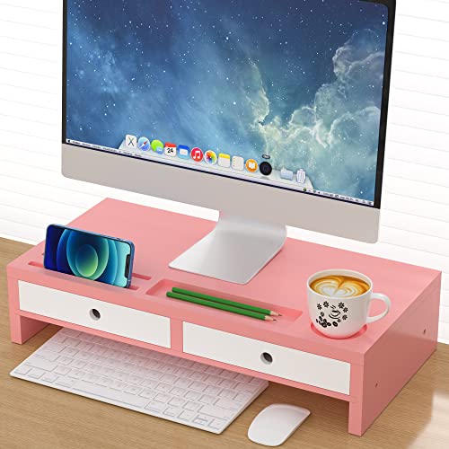 Monitor Stand Riser with Drawers, Desktop Stand Shelf Lift with Phone/Cup Holder for Computer TV Laptop Printer Screen, Bamboo Desk Organizers and Accessories, Home Office Supplies, Pink & White