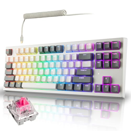 TECWARE Phantom+ Elite 87 Key RGB Mechanical Gaming Keyboard, LED Backlit, Universal Hot-Swap, Wired and Wireless, 3 Mode Connectivity, Thocky Sounding, White Elite Wraith Pink