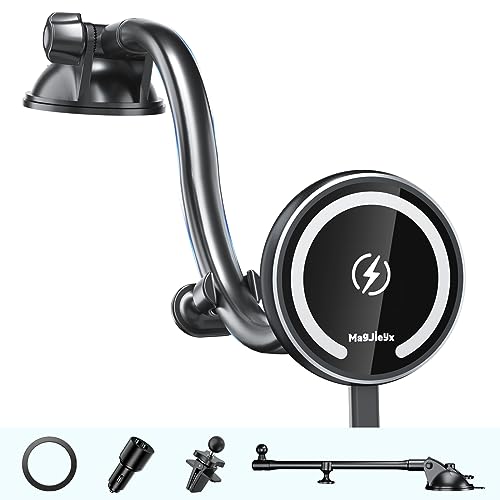Fits Magsafe Car Mount Wireless Charger, Gooseneck Long Arm Suction Cup, Dashboard/Vent/Windshield for iPhone 16/15/14/13/12 Series