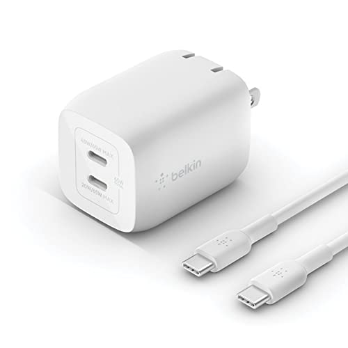 Belkin BoostCharge Pro 65W Dual USB-C PD 3.0 Fast Charger, 2-Port for MacBook, iPhone, iPad, Galaxy, Pixel & More + USB-C Cable - White