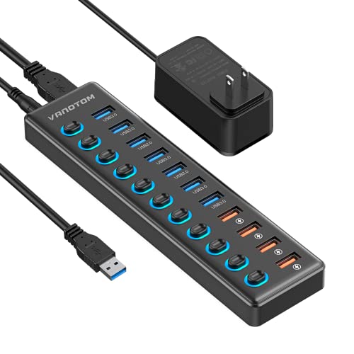 Powered USB Hub 3.0, VANOTOM 11-Port USB Hub Splitter (7 USB 3.0 Data Ports + 4 Smart Charging Port) with 12V/3A Power Adapter and LED Individual On/Off Switches for Laptop and PC