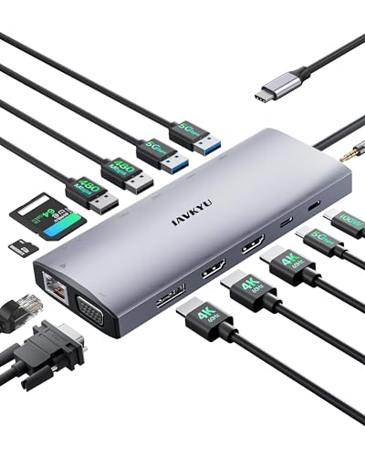 USB C Docking Station 4 Monitor,14 in 1 Laptop Docking Station 3 Monitor Quad Display USB C Hub Multiport Adapter with 2HDMI 4K+DP+VGA+Ethernet+6USB+100W PD+SD/TF+Audio,USBC Dock for Windows Laptop