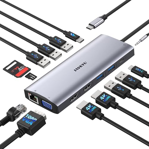 Laptop Docking Station Dual Monitor,14 in 1 USB C Docking Station fo dell hp USB C Hub Multiport Adapter with 2HDMI 4K+VGA+Ethernet+5USB+1USB C+100W PD+SD/TF+Audio,USBC Dock Dongle for Windows Laptop