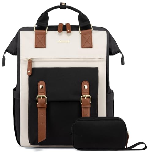 LOVEVOOK 17 Inch Laptop Backpack for Women Work Travel Backpacks Purse, Nurse Bag Teacher Business Laptop Computer Bag, Fashion College Backpack Casual Daypack, Black-Beige-Brown