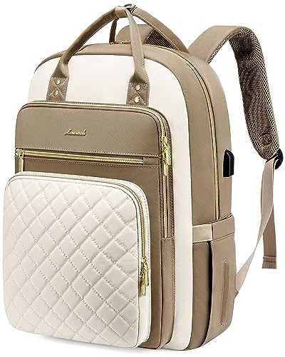LOVEVOOK Laptop Backpack Purse for Women, 17" Laptop Bag with USB Port, Water Resistant Lightweight Daypacks for College Travel Work Business, Nurse Teacher Computer Bags, Khaki Beige