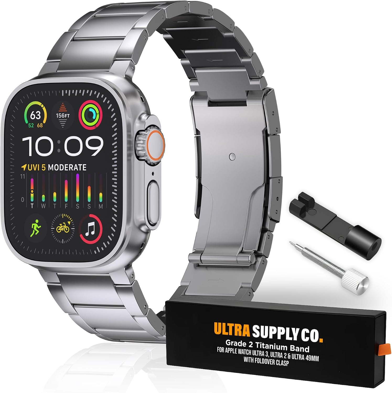 Ultra Supply Co. 49mm Titanium Band Compatible with Apple Watch Ultra 3, 2 & 1  Adjustable Link Metal Bracelet, Fold-Over Clasp, Waterproof, One Size Fits All, Durable, Lightweight, Titanium