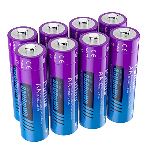 Pallus 1.5v Rechargeable Lithium AA Batteries, 8 Pack 3500mWh High Capacity Double A Batteries for Outdoor Blink Cameras, Home Office Device, Super Long Lasting