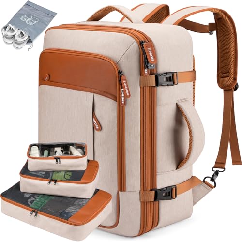 Carry on Travel Backpacks, Extra Large 40L Flight Approved Bag for Men & Women,Expandable Suitcase Backpack With 4 Packing Cubes,Water Resistant Luggage Daypack Business Weekender Bag,Beige